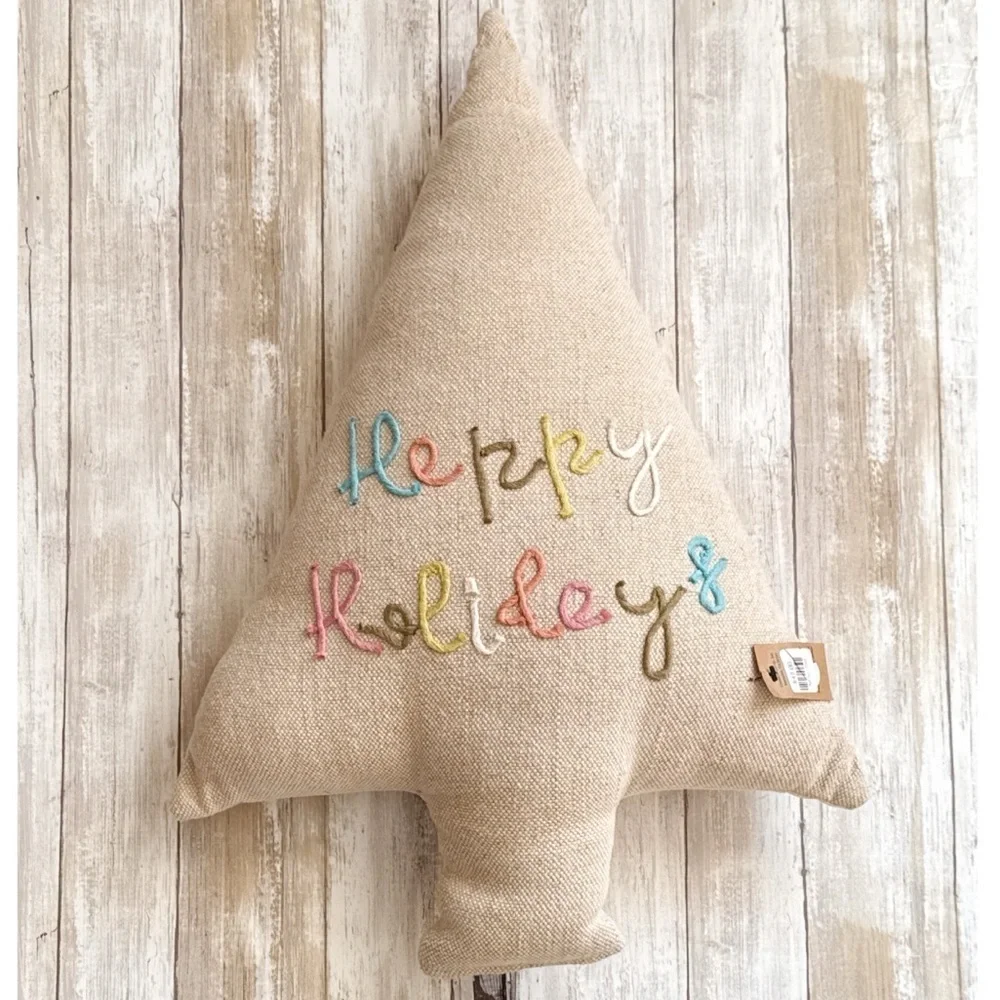 Creative Co-op Happy Holidays Embroidered Cotton Jute Throw Pillow 24” Inches